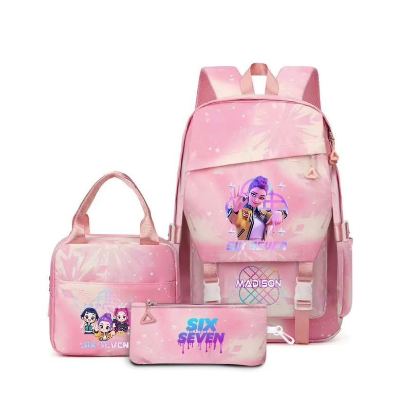 Kids Cartoon Print School Backpack Set Grades 3-4 Waterproof Oxford Fabric Ergonomic Shoulder Straps 3-Piece Travel Lunch