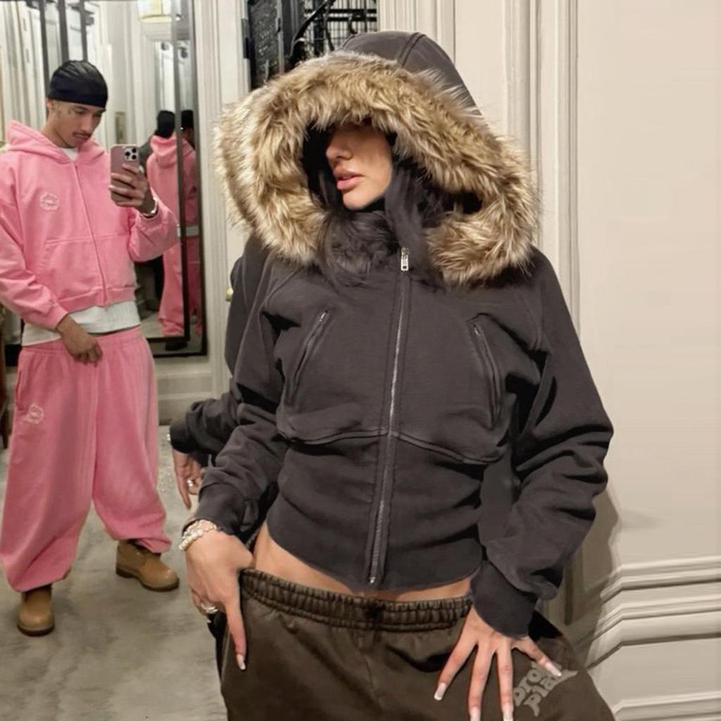 Retro American Street Style Slimming Hooded Zip-up Sweatshirt with Drawstring Waist