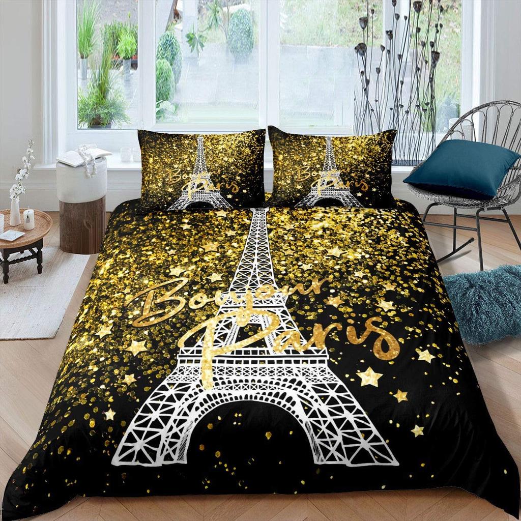 Eiffel Tower Duvet Cover Set King Size Love Heart Bedding Set Paris City Polyester Building Set For Girls France Urban Style