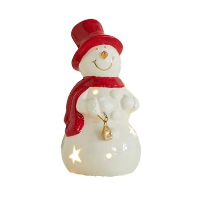 Glowing Ceramic Christmas Village House Snowman Deer Statue Ornament With Warm LED Light For Festives Tabletop Display