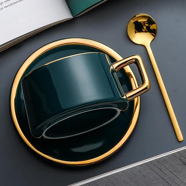Simple Modern Ceramic Spoon Set Gold Metal Tea Cup Vintage Reusable Tazas De Cafe Drinkware Coffee