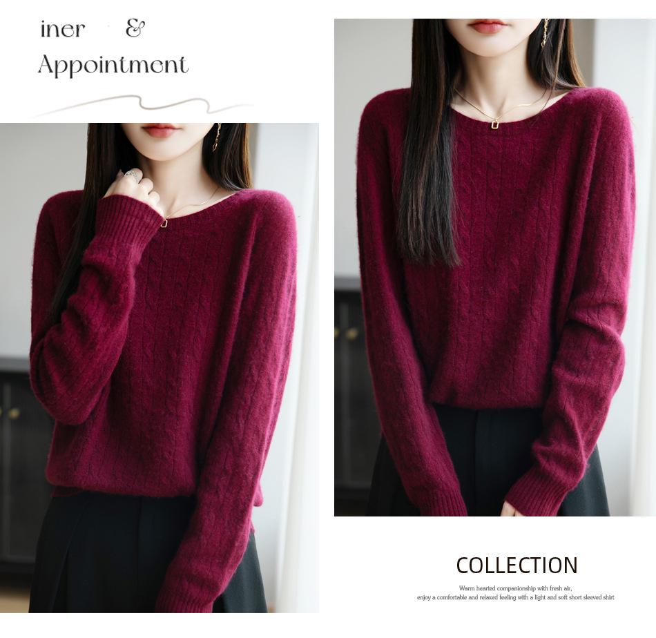 Damen Lässiger Locker Gestrickter Pullover mit Rundhalsausschnitt und Langen Ärmeln