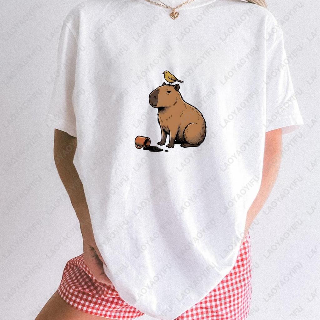 Kawaii Capybara Animals Minimalist Art Unisex Tshirt Humor Cartoon Coffee Tshirt Summer Short Sleeve Loose Harajuku Unisex T Shirt