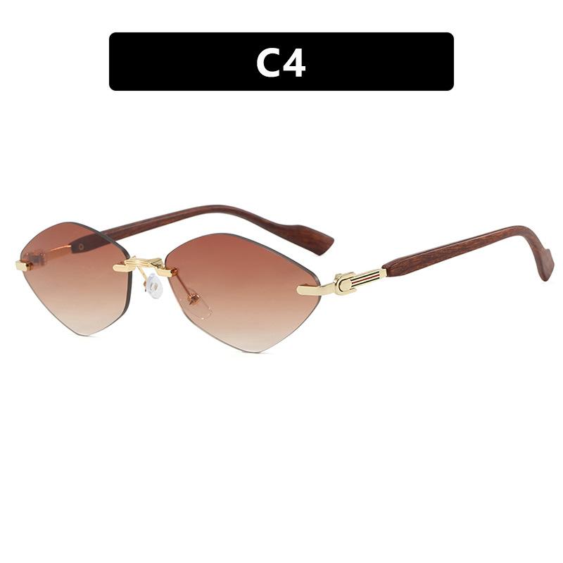 European and American rhombus frameless trimmed sunglasses metal sunglasses wood grain fashion sunscreen UV protection sunglasses women