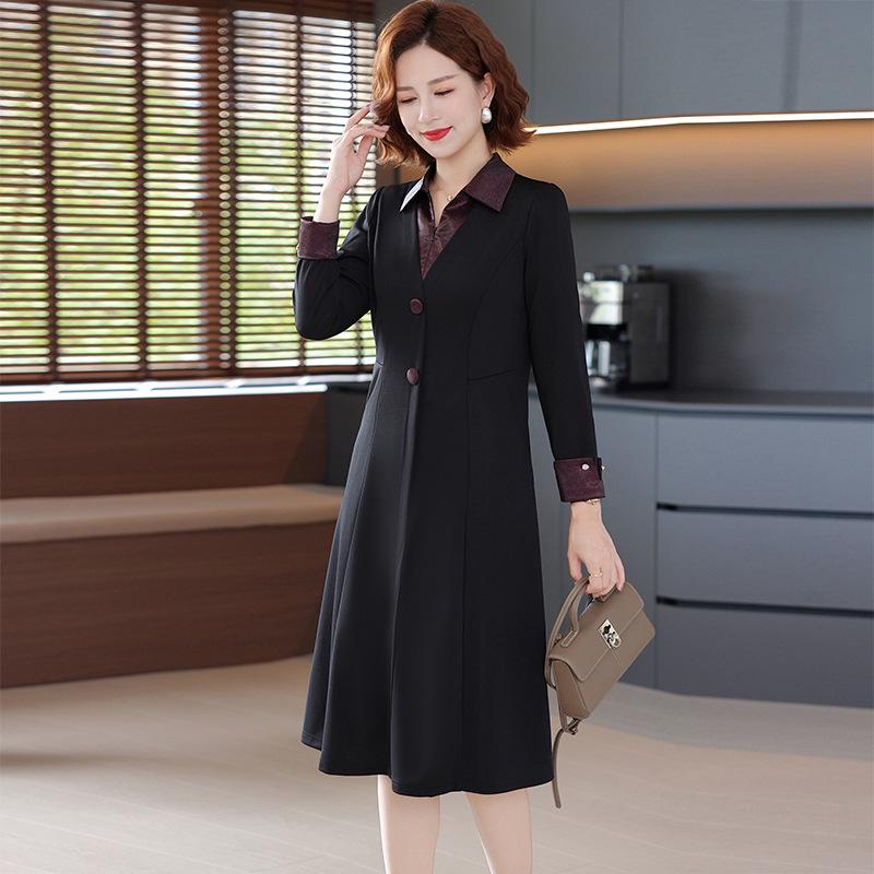 

2026 Stylish Patchwork Lapel Dress for Middle-Aged & Elderly Women - Slimming Midi for Spring & Autumn XXXL: 122-133 Jin чёрный