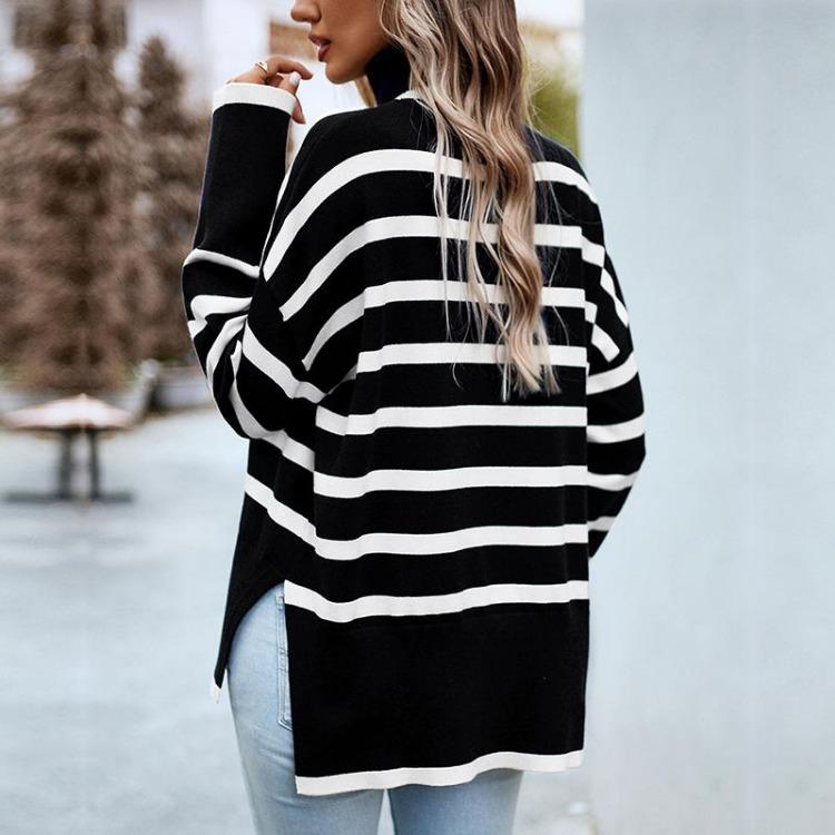 Fashion Women Casual Loose High Neck Striped Knitted Sweater Top Autumn Winter New