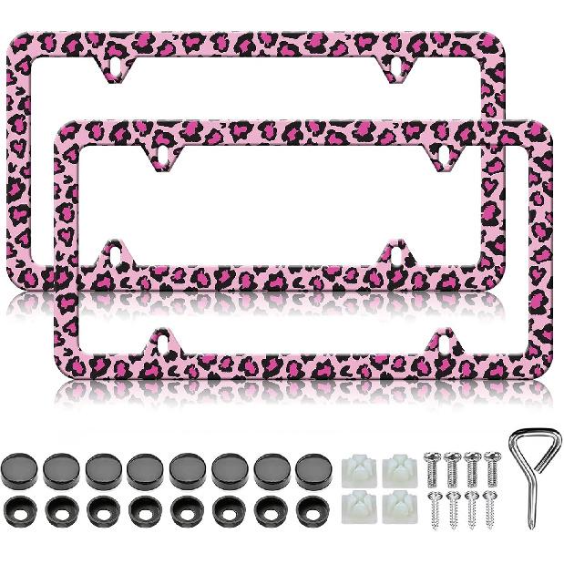 n Flag Eagle License Plate Frames - 2 Pack Patriotic US Flag Eagles License Plate Holder Covers, Aluminum Metal Rust-Proof Waterproof Car Tag Frame Pink Leopard Cheetah Prin