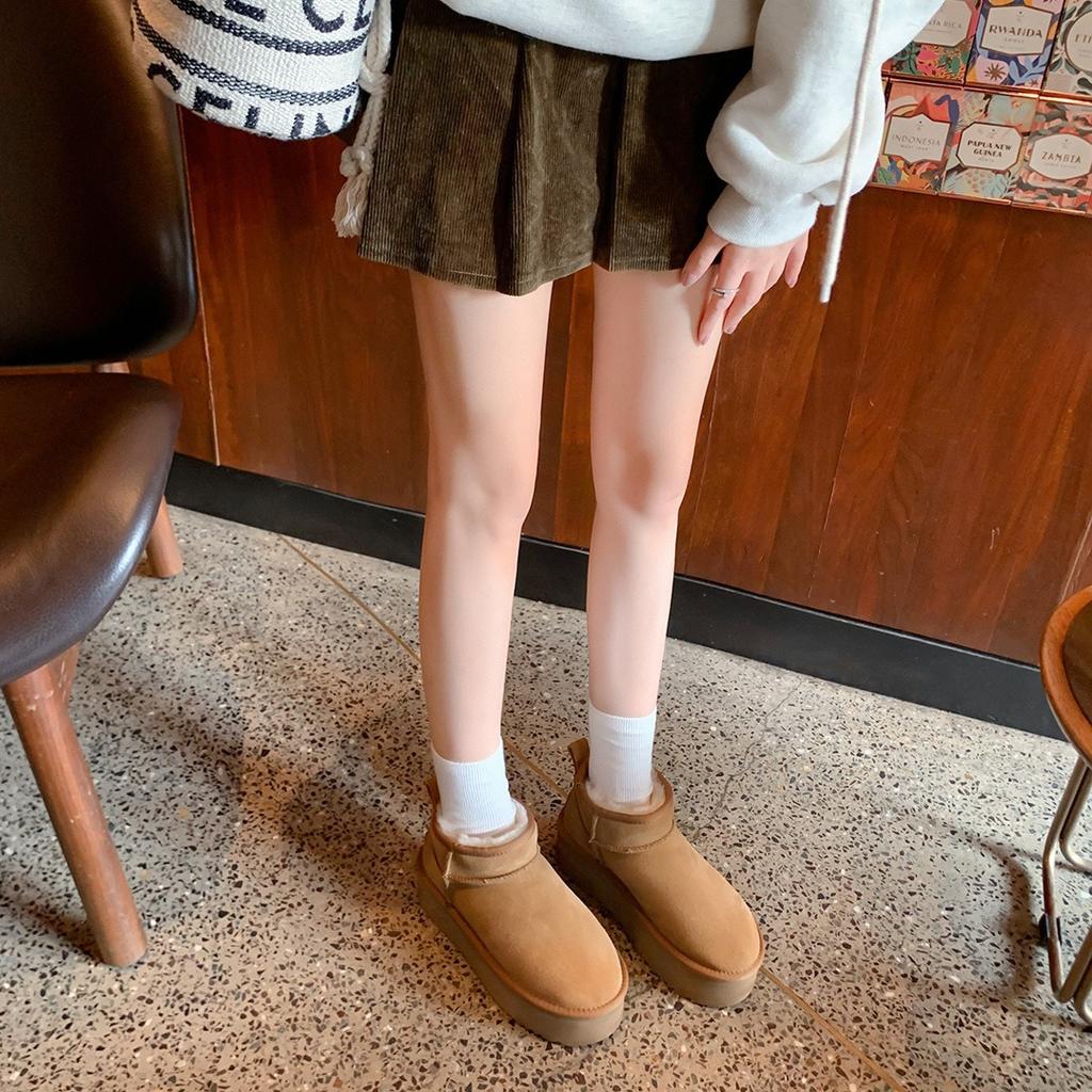 XD2 leather home fleece short boots thick-soled snow boots women's plush cotton slippers