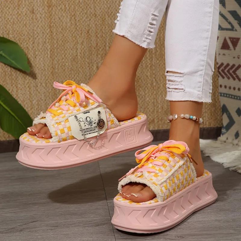 New Plus Size Platform Slippers 2024 Hot Ladies Shoes Peep Toe Women's Slippers Fashion Round Toe Lacing Casual Slippers Women