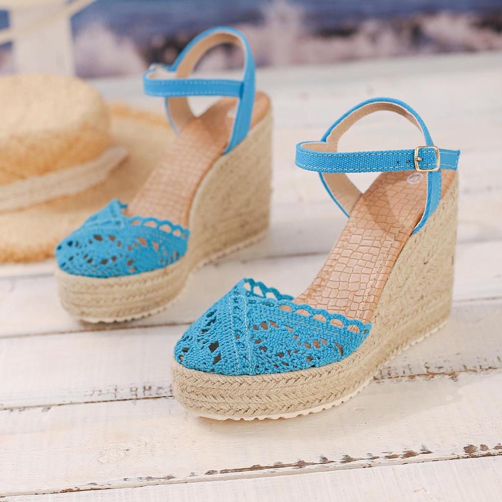 Women's Closed-Toe Wedge Sandals - Thick Sole, Waterproof Platform, Espadrille Style with Hemp Rope and Single Strap.