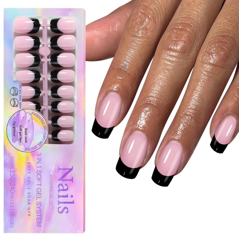150Pcs Black French Tip Gel Nail Tips Short Coffin Shape Press on Nails Short for Women False Nails 15 Sizes