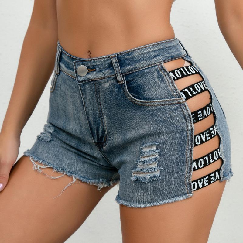 European High Waist Stretch Plus Size Ripped Denim Shorts for Women Small синий