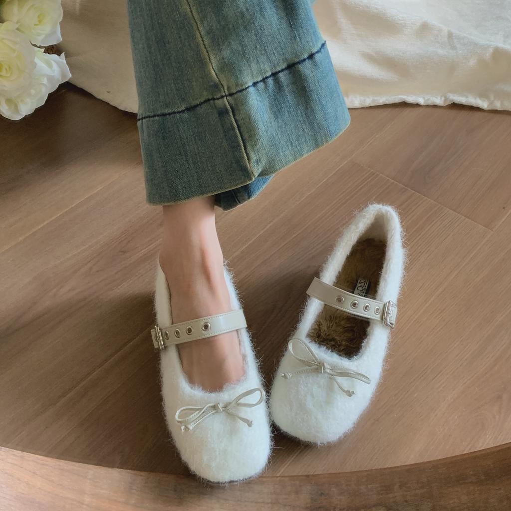 Bow-tie fluffy shoes women's winter gentle one-word belt inner height increase Mary Jane shoes plush warm thick-soled flat-soled single shoes