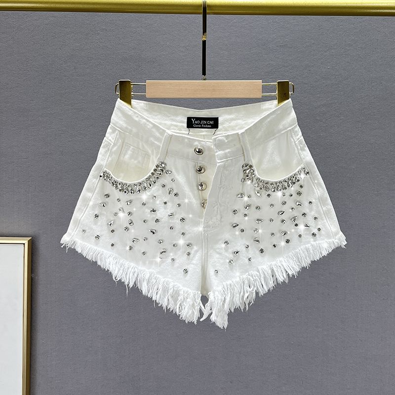 

European Station Multi-Buckle High Waist Summer Clothing Raw Edge Denim Shorts White XL