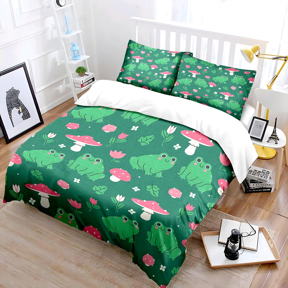 Cartoon Frogs Mushrooms Flower Background Bedding Set 1 Duvet Cover 2 Pillowcases For Adult And Children Luxury Gift Full Size