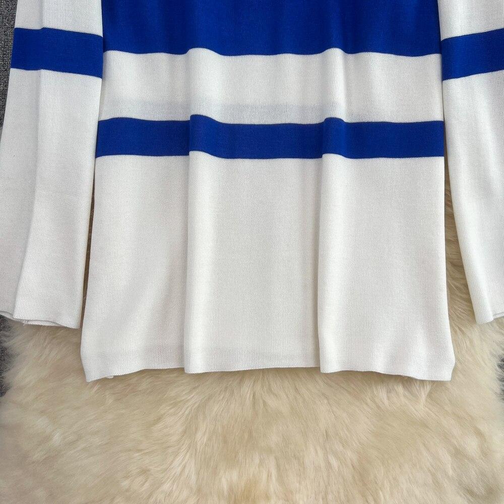 Modny garnitur damski na co dzień ze stójką i zamkiem błyskawicznym w paski, dzianinowy top dwuczęściowy zestaw z wysokim stanem, prostymi rurkami, długimi spodniami z szerokimi nogawkami