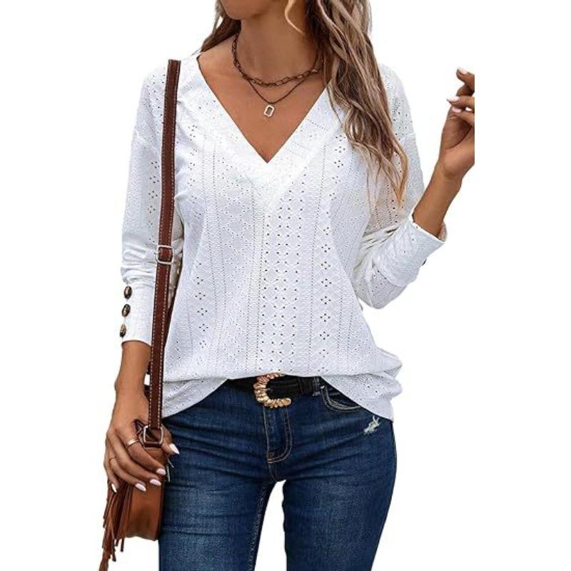 

Fashionable and Casual V-neck Long Sleeved Button Hollow Lace Embroidered Women s Blouses & Shirts S білий