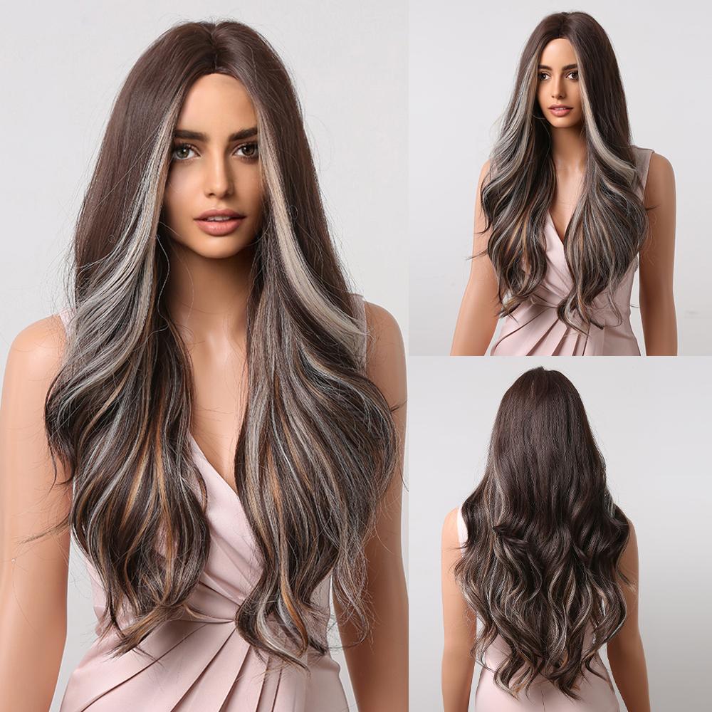 HAIRCUBE Dlouhá vlnitá hnědá až blond ombré pro ženy vrstvená syntetická paruka s ofinou přirozená vánoční večírek žáruvzdorné vlákno