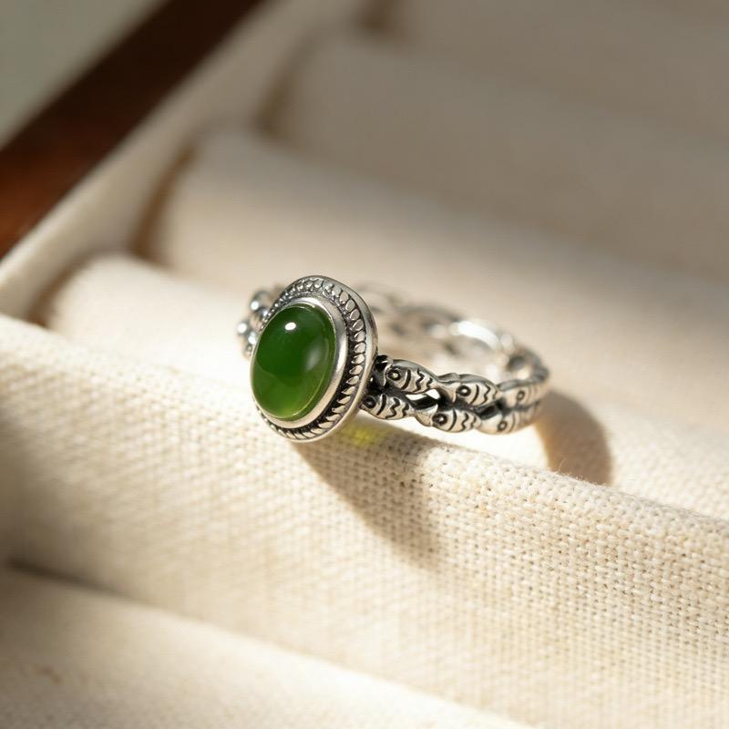 BF CLUB 925 Sterling Silber Ringe für Damen Einfach Geometrisch Handgefertigt Unregelmäßig Retro Grüner Stein Ring Allergie Für Geburtstagsgeschenk