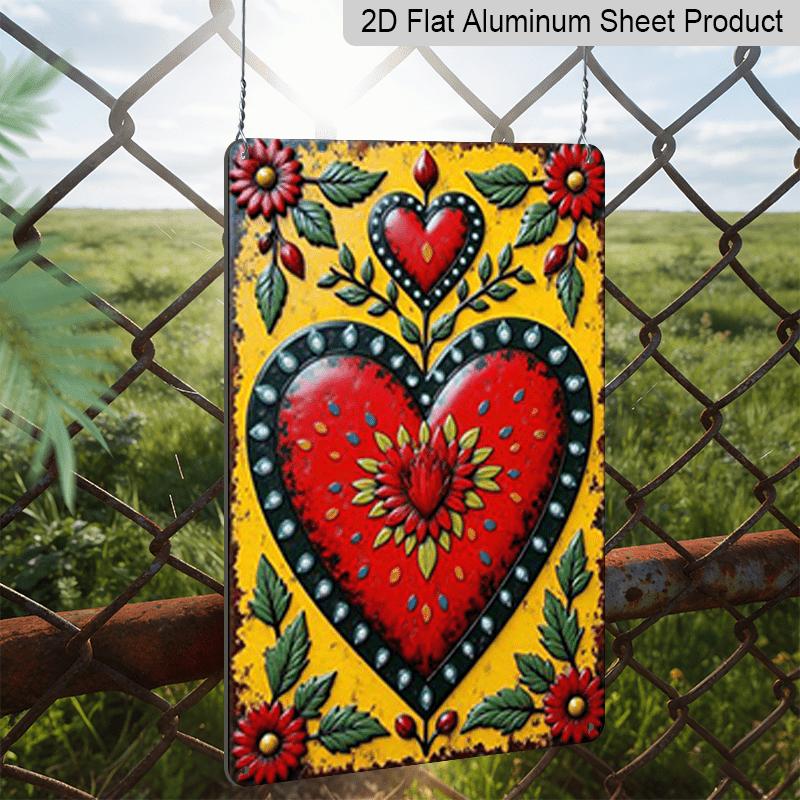 2D Flat, 1pcs Aluminum Decorative Plaque & Sign Sacred Elegance Meets Bold Folk Art Floral & Symmetrical Heart Design Perfect for Art Lovers Ideal