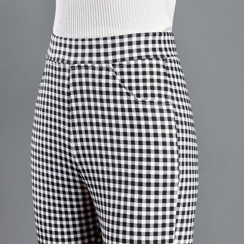 2024 Summer Women's Black & White Plaid Slim-Fit Stretchy Micro-Flare Pants with Elastic Waist