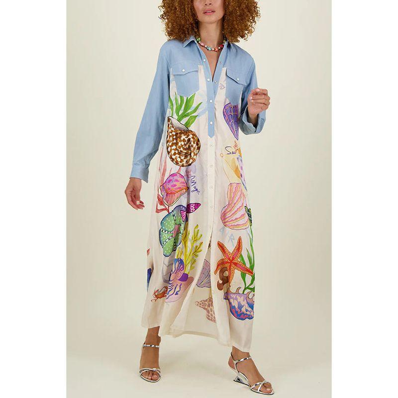 

2024 Новое поступление Осень Европейский и американский персонализированный принт Длинная однобортная рубашка с длинным рукавом для женщин Image color S