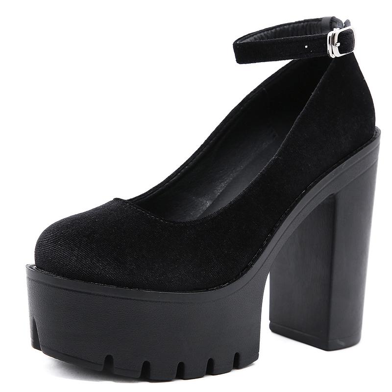 Jar Jeseň Sexy Platforma Ženy Lodičky Topánky Žena Hrubé vysoké podpätky Topánky Žena Čierna Guma Podrážka Semišové Topánky na platforme 42 čierna