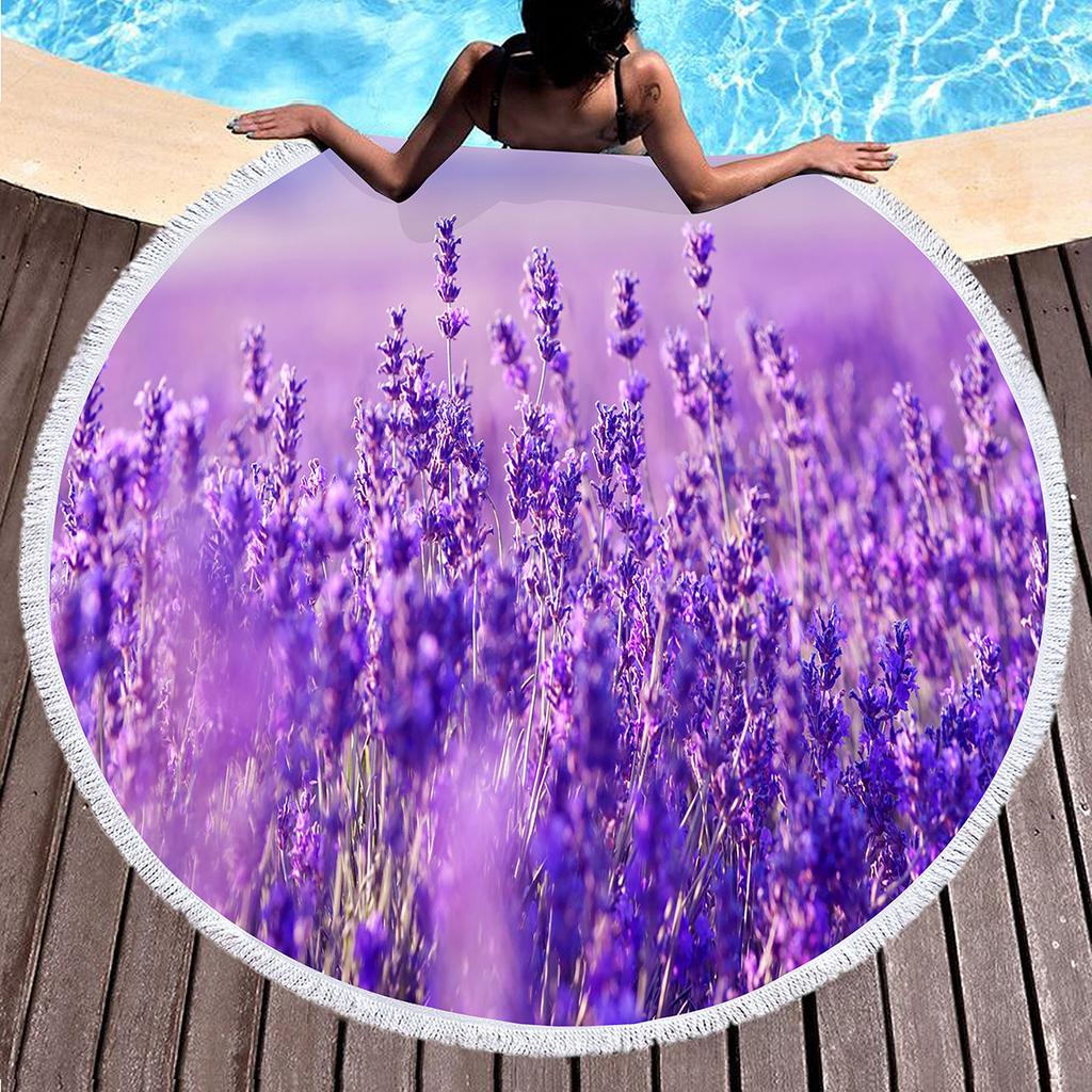 Purple Flower Lavender Round Beach Towel, Microfiber Beach Blanket Absorbent Quick Dry Swim Pool Bath Circle Towel with Tassels