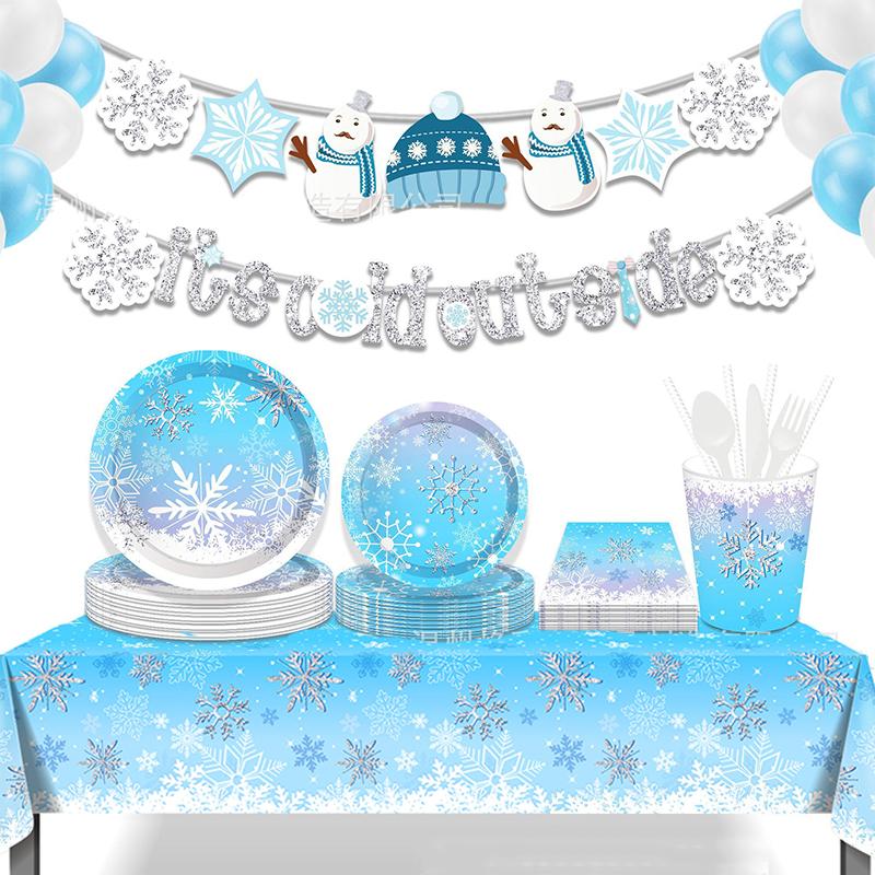 Snow Ice Freeze Theme Birthday Decoration Disposable Tablecloth Paper Plates Cups Napkins Baby Shower Wedding Party Supplies