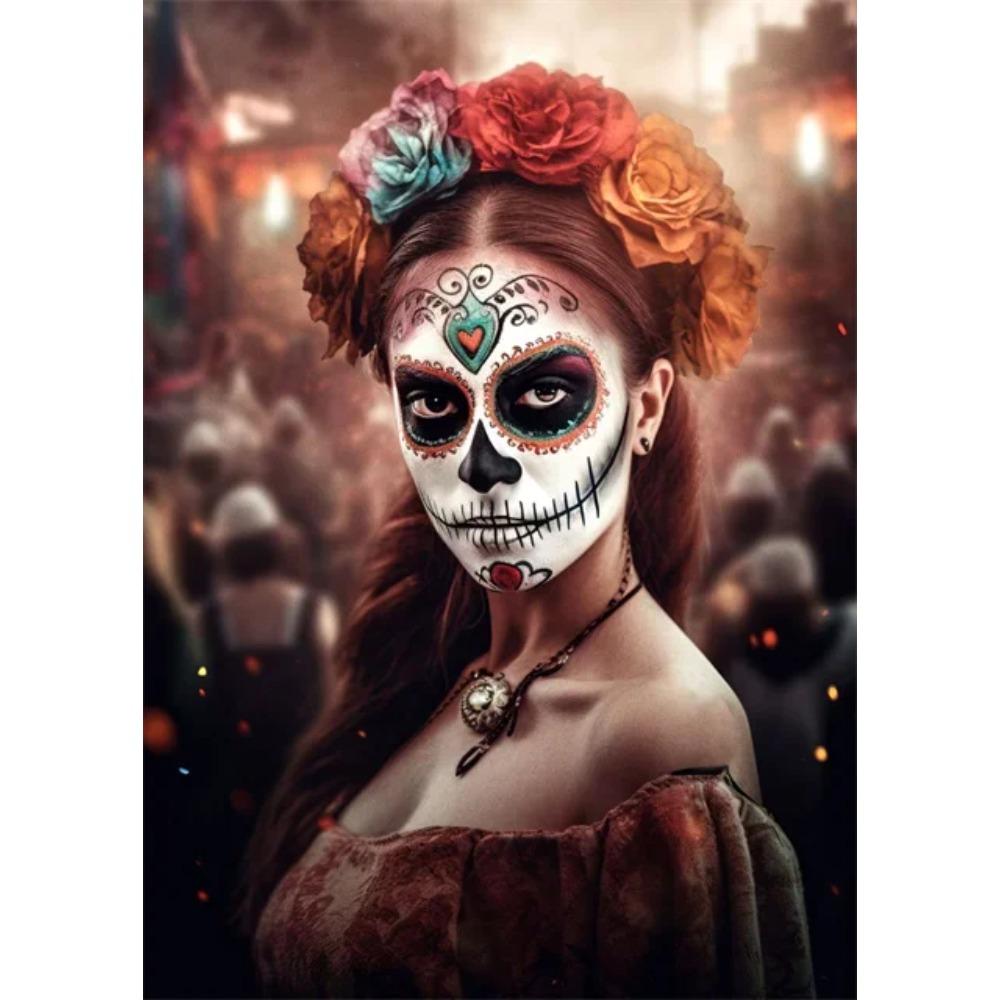 Festive and Mysterious Mexican Girl Day of Dead Gothic Sugar Skulls Canvas Painting Posters Prints Wall Art Picture Home Decor