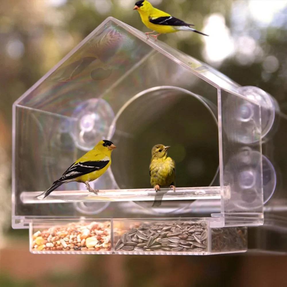 Acrylic Clear Glass Window Birds Hanging Feeder Birdhouse Food Feeding House Table Seed Peanut Suction Cup