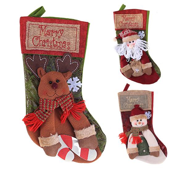 18" Christmas Stocking 3D Plush Santa Snowman Reindeer Design Hanging Burlap Stocking for Farmhouse Holiday Decor