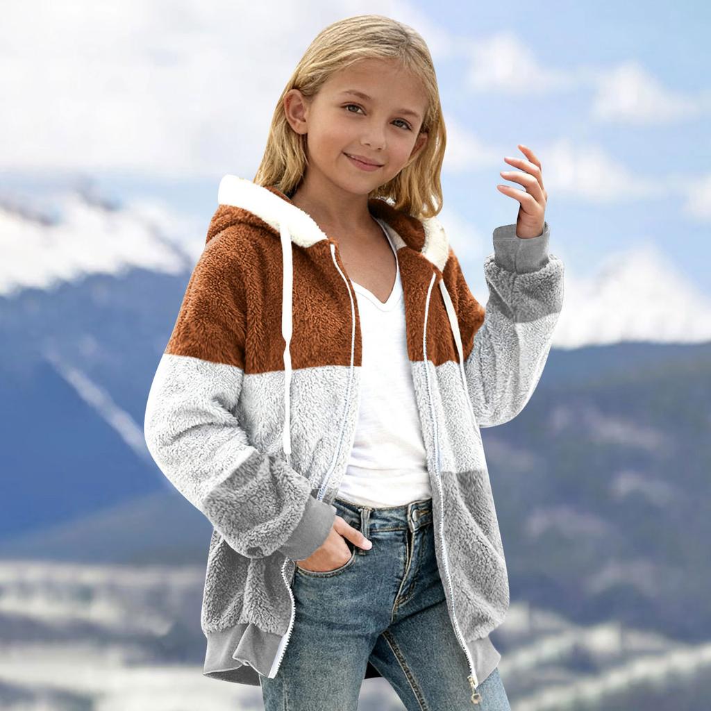 Children's Fashion Color Medium Large Children's Zipper Long Sleeve Hoodie Color Blocked Plush Warm Coat