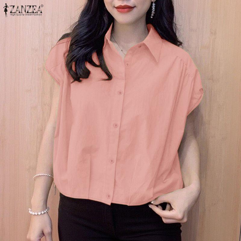 ZANZEA Lässige Bluse mit Umlegekragen und einfarbigen Kurzarmshirts für Damen