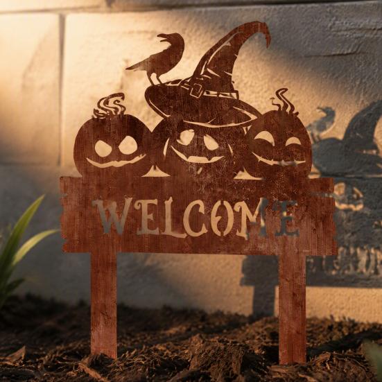 Halloween Landscape Accents Rusty Metal Pumpkin Garden Stake, Spooky Evil Face Welcome Yard Sign, Silhouette Stakes Outdoor Decorative Lawn