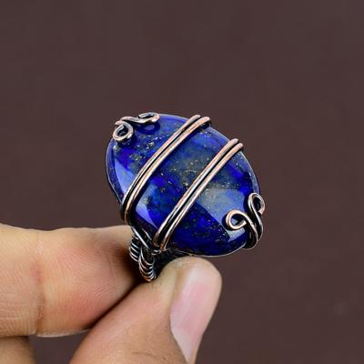 Natural Lapis Lazuli Gemstone Handmade Copper Wire Wrap Ring Size 5.5 H5d62
