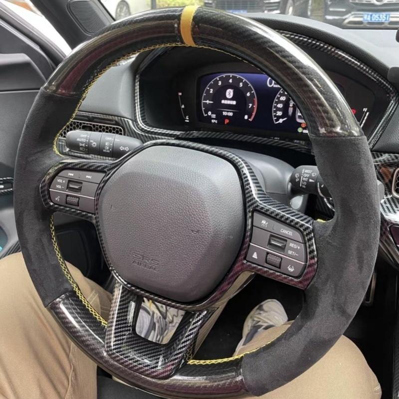Car Steering Wheel Cover Carbon Fibre Suede Leather Breathable For Honda Civic 11 Xi - Steering Wheel Braiding Cover Red Thread