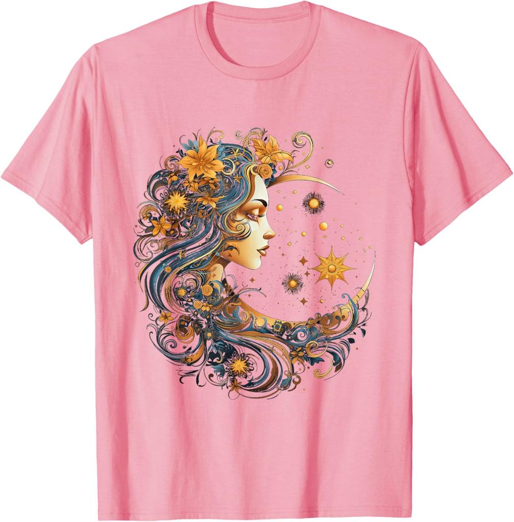 Mystic Celestial Woman Moon Flowers Graphic Print Cotton Crew Neck T-Shirt Unisex Casual Trip Wear
