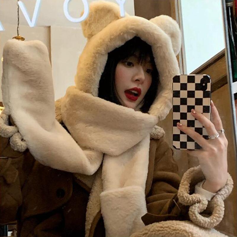 Hat Scarf Gloves One Female Winter Baby Cute Bear Three Sets Of Warm Plush Siamese Hat