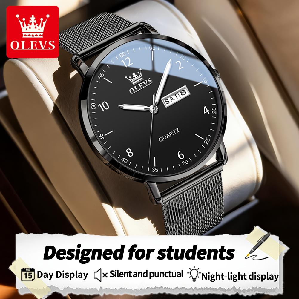 OLEVS Men's Watches Minimalist Fashion Stainless Steel Mesh Strap Original Quartz Wristwatch for Man Arabic Numeral Scale 2996