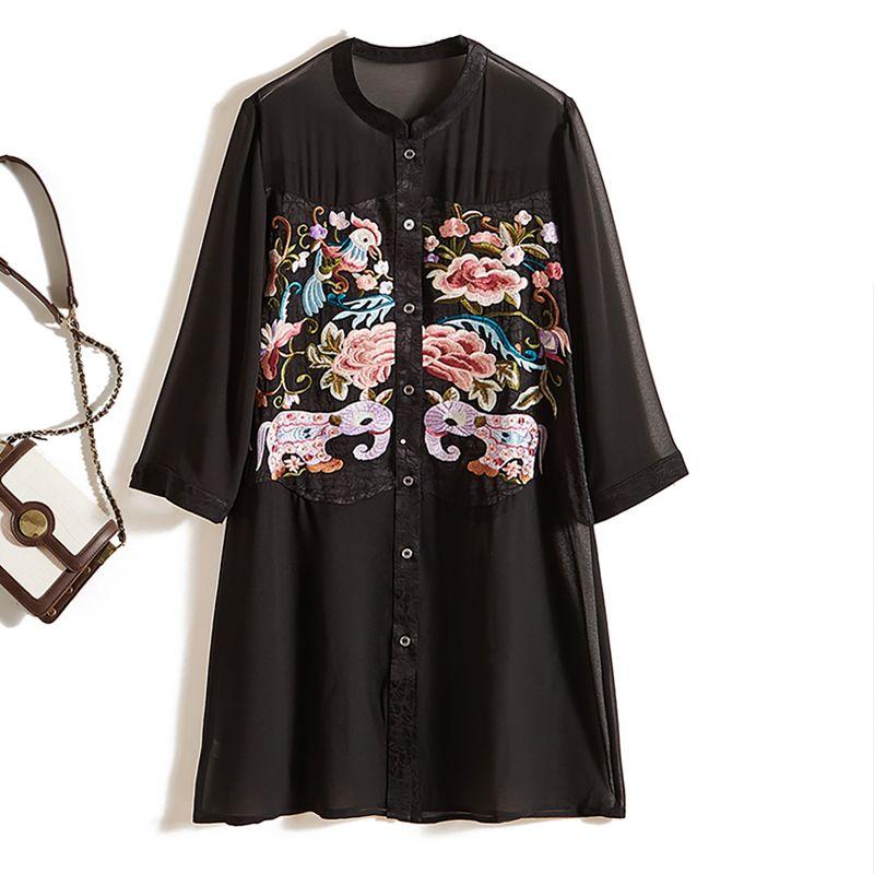 

Тысяча юаней в китайском стиле! Вышивка с позиционированием на большой площади, однобортная, поплиновая пряжа, однобортная длинная рубашка, женская, летняя, защита от солнца Black 2XL
