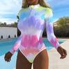 Women Long Sleeve One Piece Swimsuit Zip Front  Ink Tie Dye Print Rash Guard Surfing Bathing Suit
