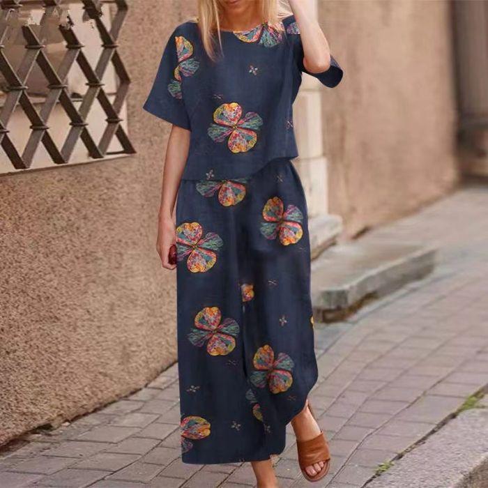 Summer Short-sleeved Cotton and Linen Two-piece Women's Casual Printed Trousers Suit