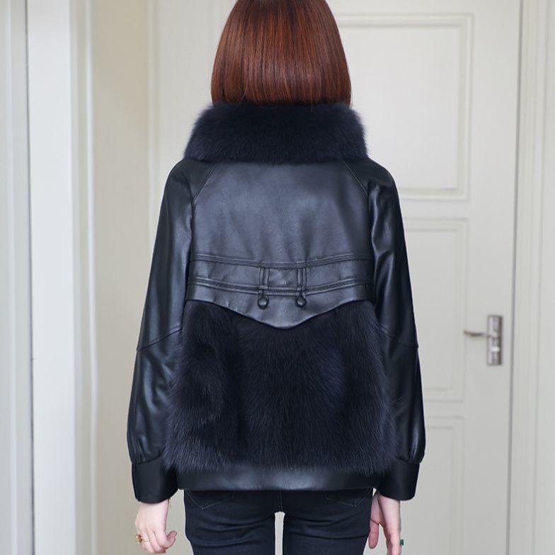 Autumn Winter Women's Faux Fur Coats Stitched Artificial Fox Fur Collar Fur Coat Short Slim Down Leather Jacket