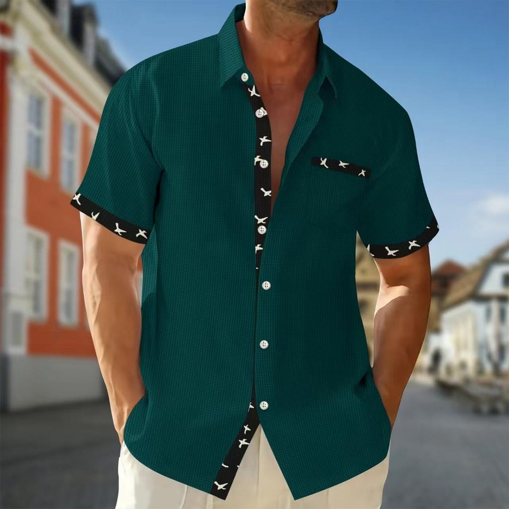 Men's Casual Business Floral Prints Short Sleeve Shirt Men's Lapel Collar Button-Down Shirt