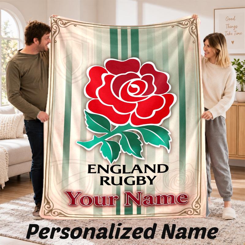 England Rugby Personalized Flannel Blanket Custom Name Text Soft Throw Blanket Home Decor