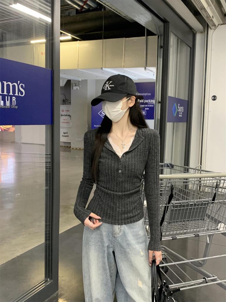 Gray Two-Piece Lace Knit Sweater for Women - Long-Sleeved Autumn Slim Base Layer Top