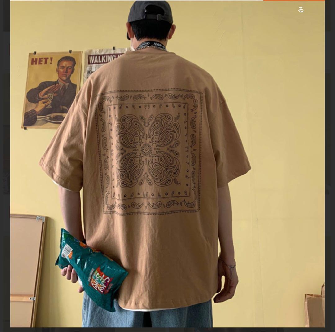 

[Б/У] Футболка оверсайз с коротким рукавом и узором пейсли, уличный стиль, бежевая, XL