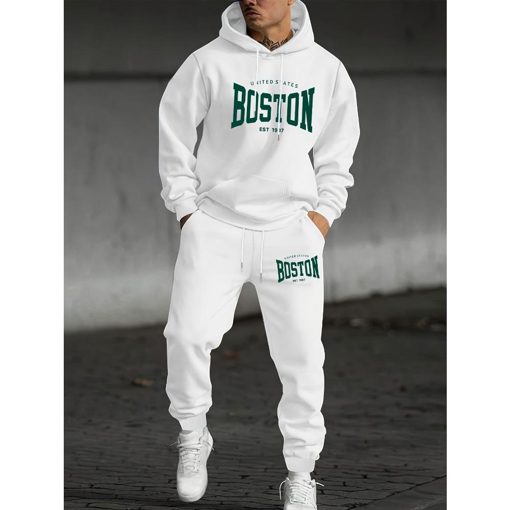 

Men s Two Piece Casual Suit with Printed Drawstring Hoodie and Matching Drawstring Sweatpants, Suitable for Traveling S белый