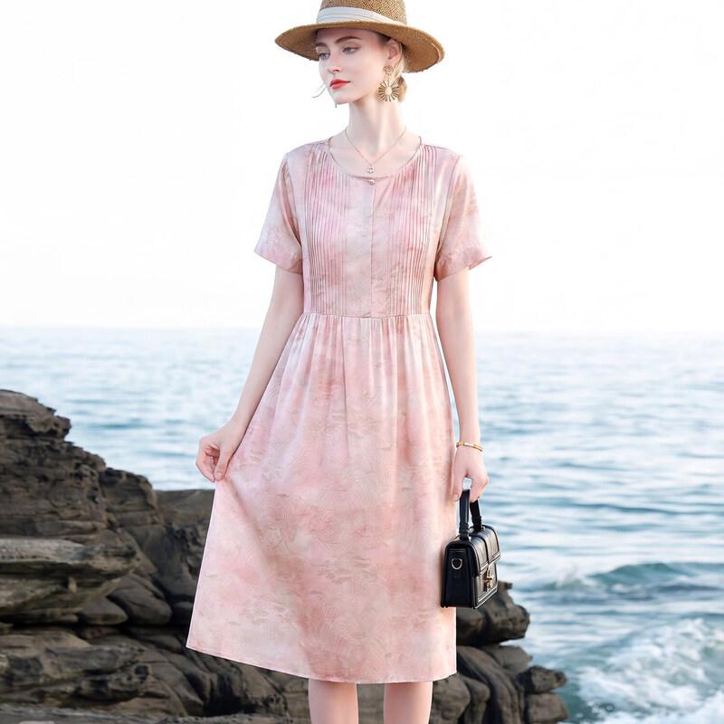 Elegant Mulberry Silk Summer Dress for Middle-Aged Women 2XL розовый